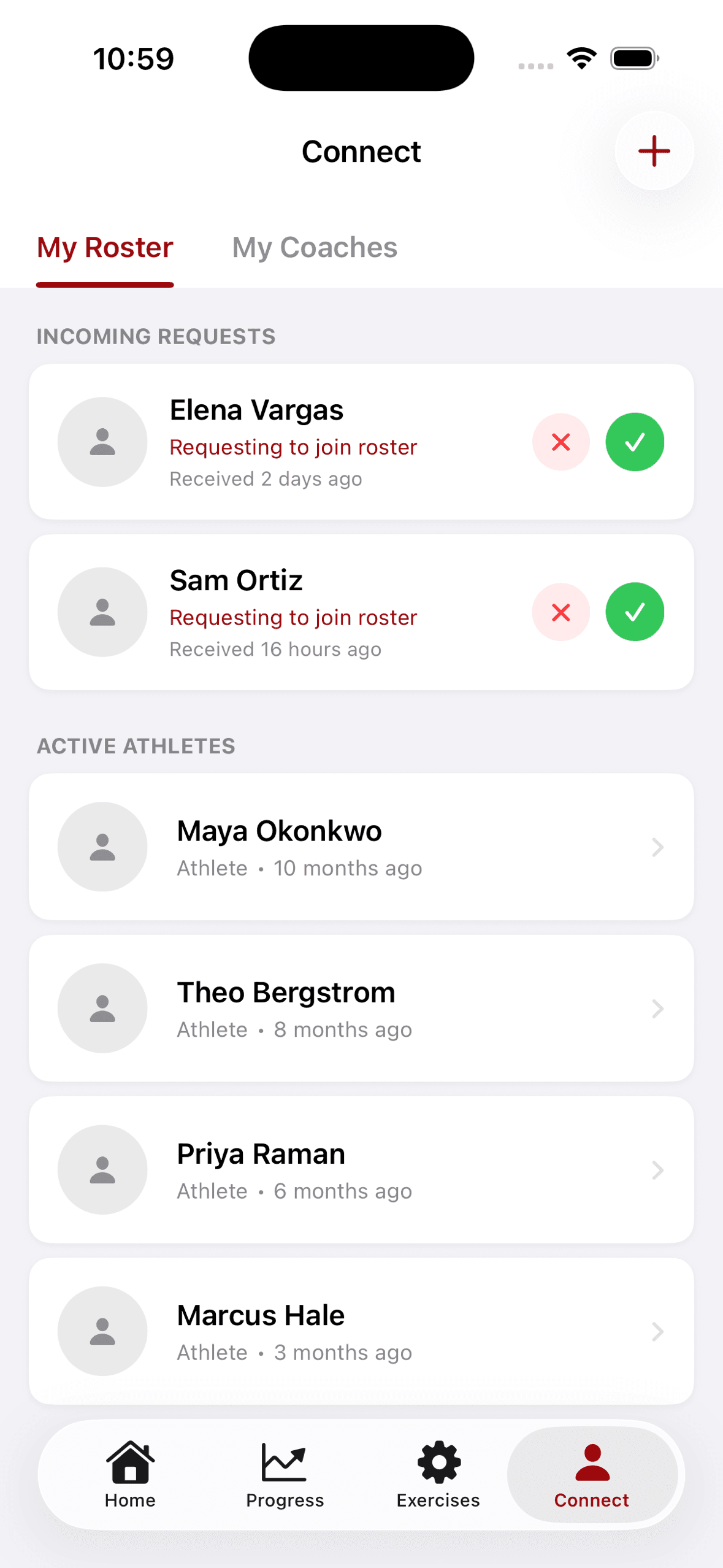 A coach's roster: active athletes alongside incoming requests to join