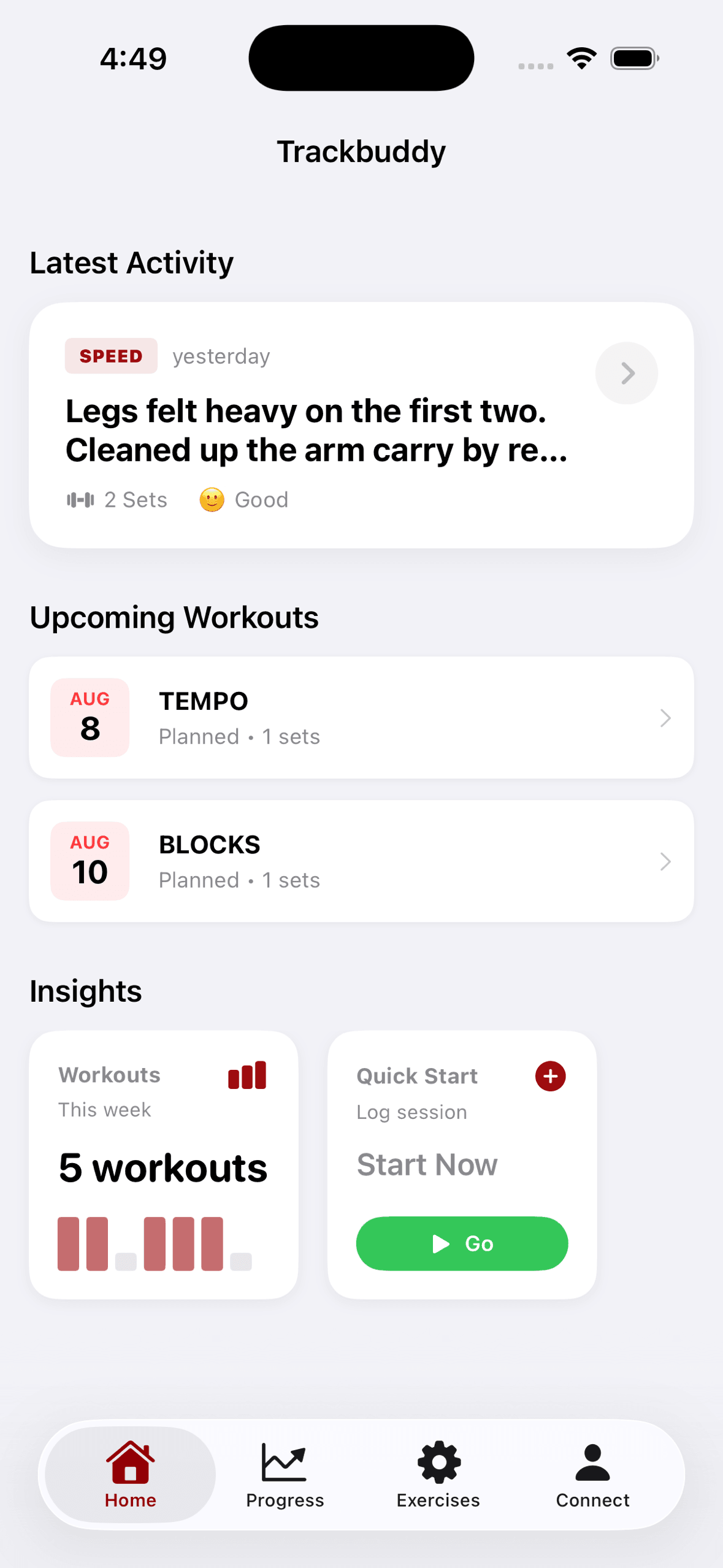 The Trackbuddy dashboard: the last session logged, the next two on the schedule, and the training week so far