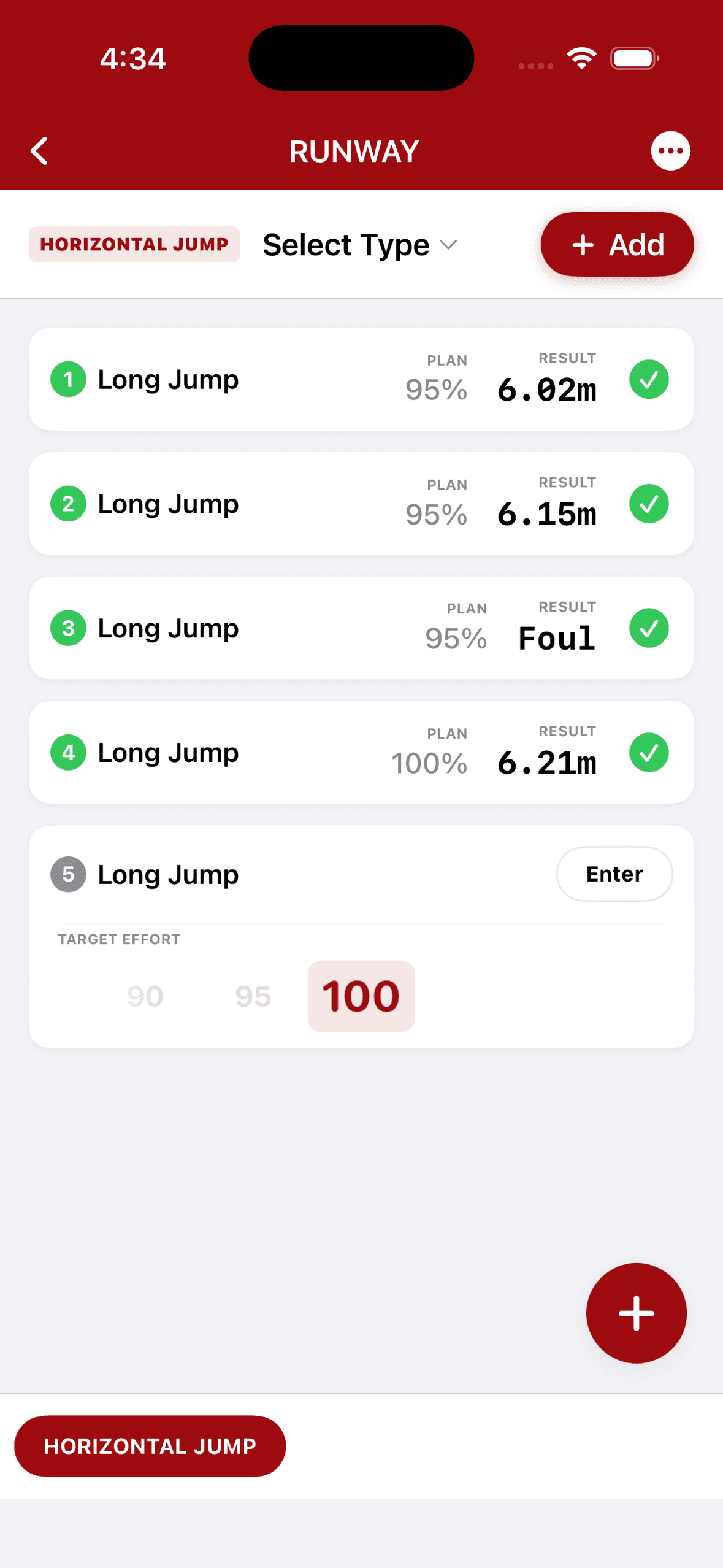 An active long jump session: marks of 6.02m, 6.15m and 6.21m, a scratched attempt logged as a foul, and one attempt still to take